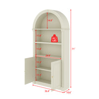 71" Mid-Century Milky Yellow Arched Bookcase with 5-Tier Shelves and Cabinet