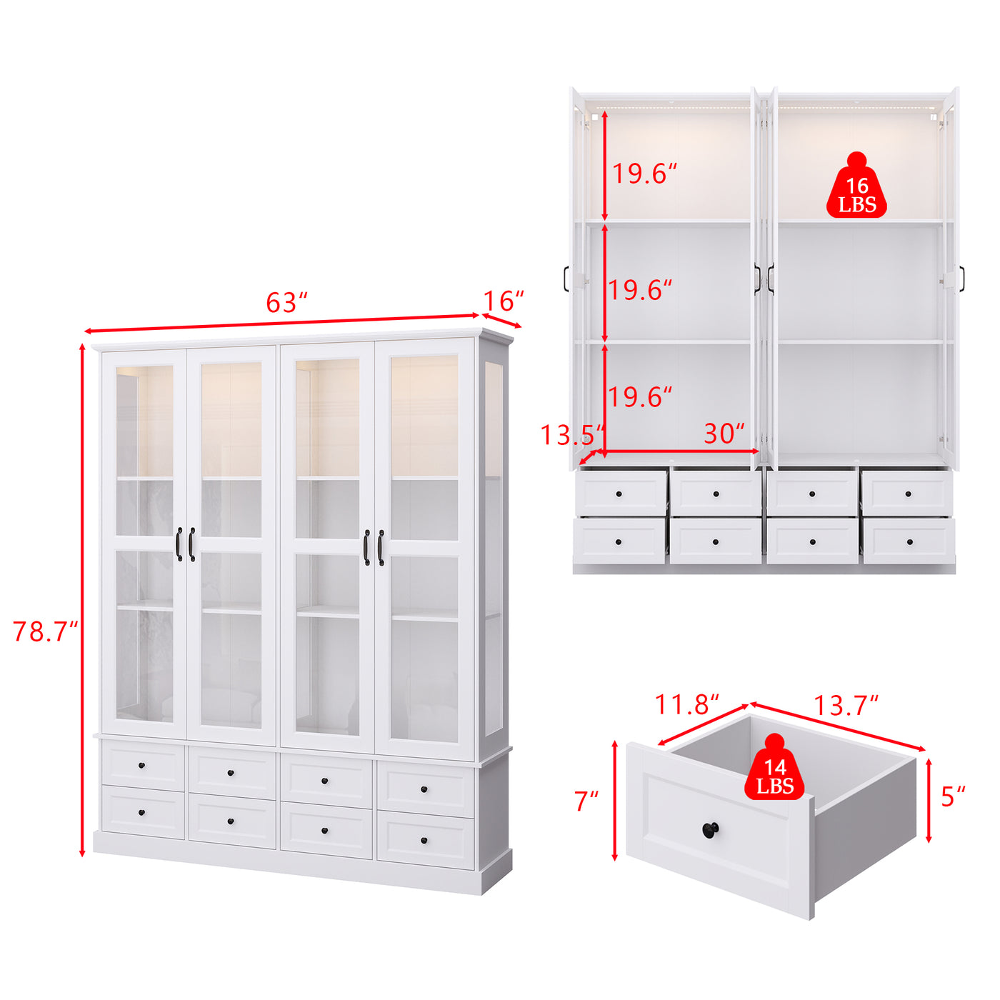 63" Smart White Display Cabinet with Bluetooth LED Lights, 8 Drawers and Glass Doors