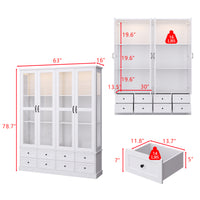63" Smart White Display Cabinet with Bluetooth LED Lights, 8 Drawers and Glass Doors