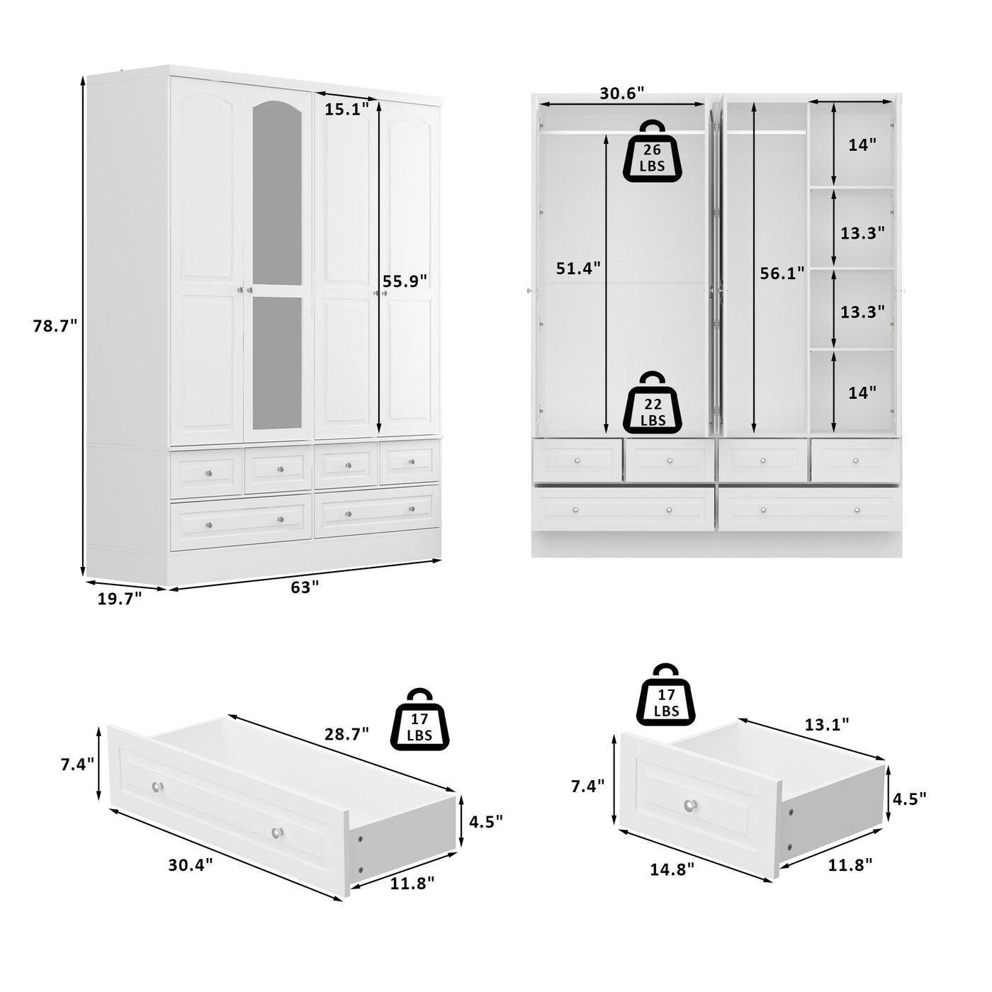 63" Elegant White Armoire Wardrobe with Mirror, 4 Doors, and 6 Drawers