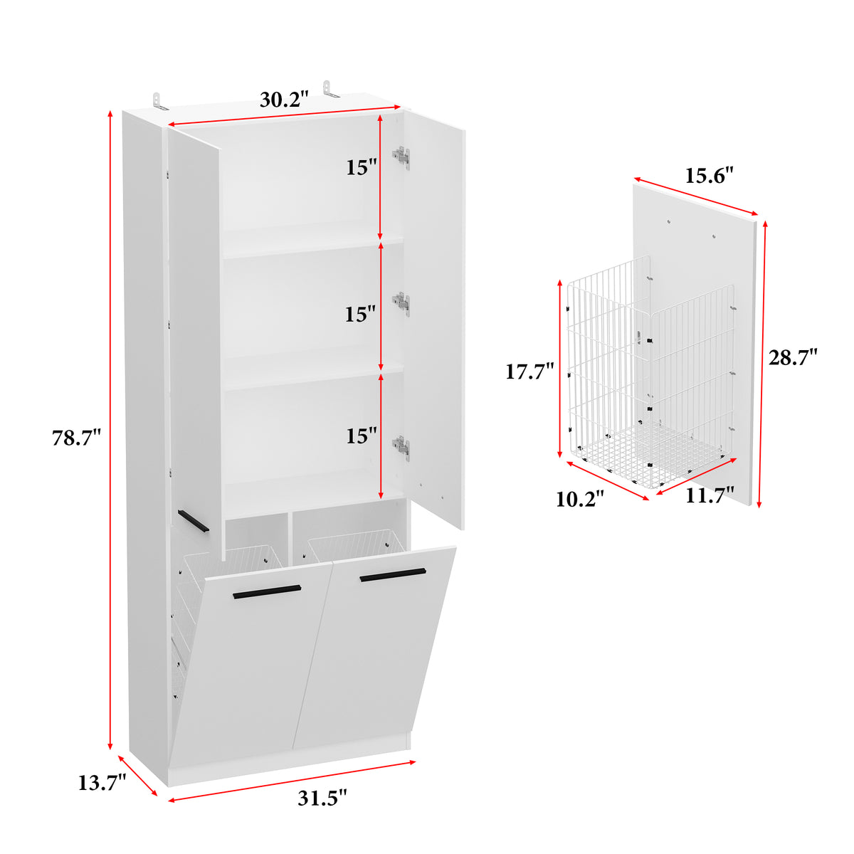 White storage cabinet with dimensions labeled on a white background