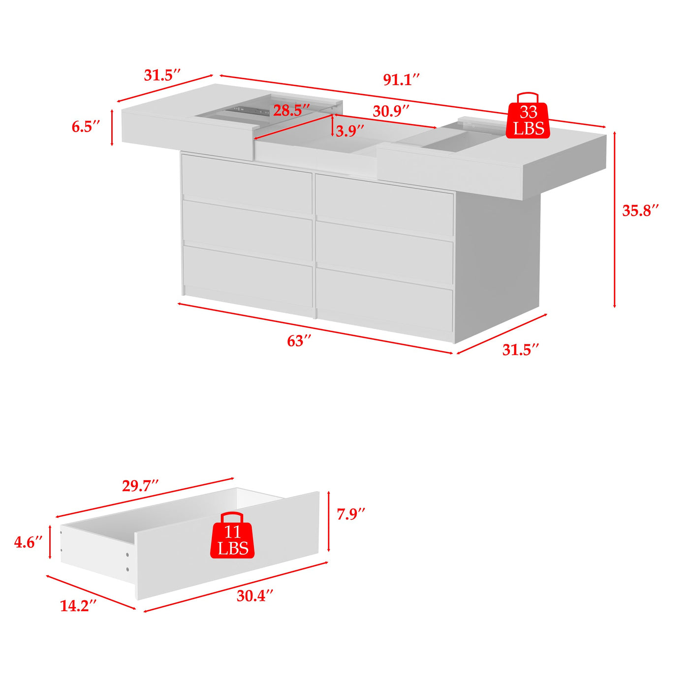 63" Modern White 1-Shelf Chest With 12 Drawers And Tempered Glass Top