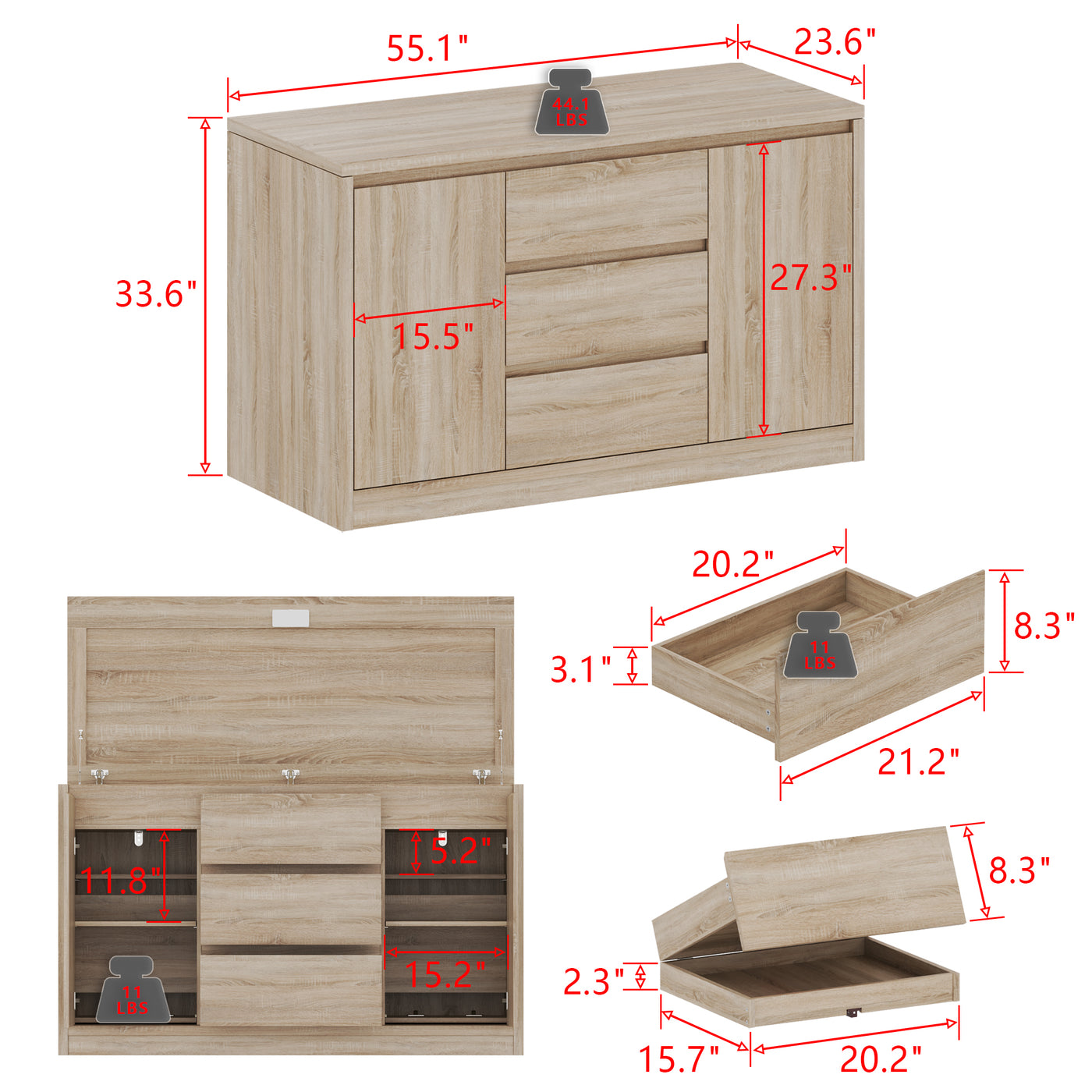 Wooden cabinet with dimensions labeled on a white background