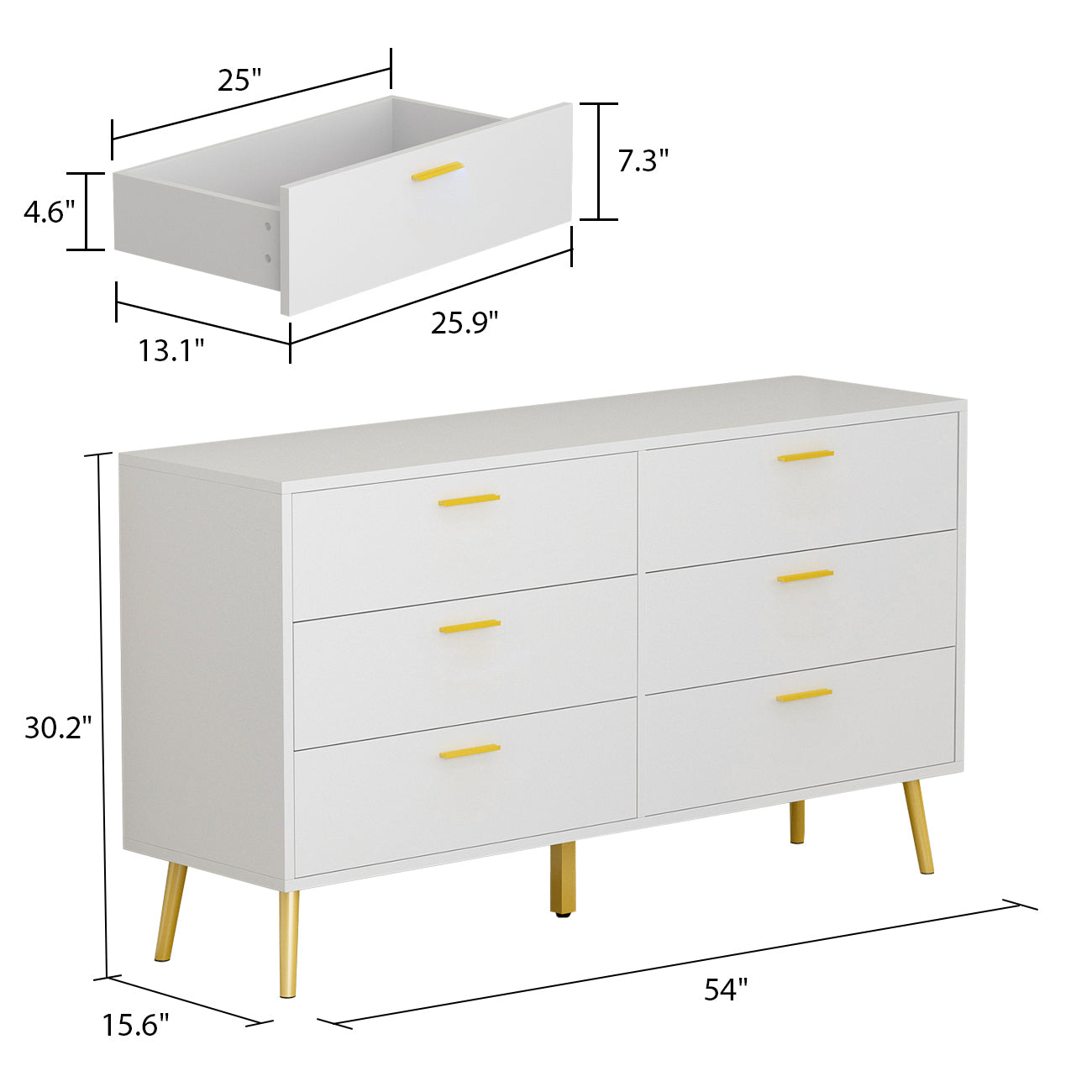 Modern White Finish Sideboard Double Dresser with 6 Drawers 54''W
