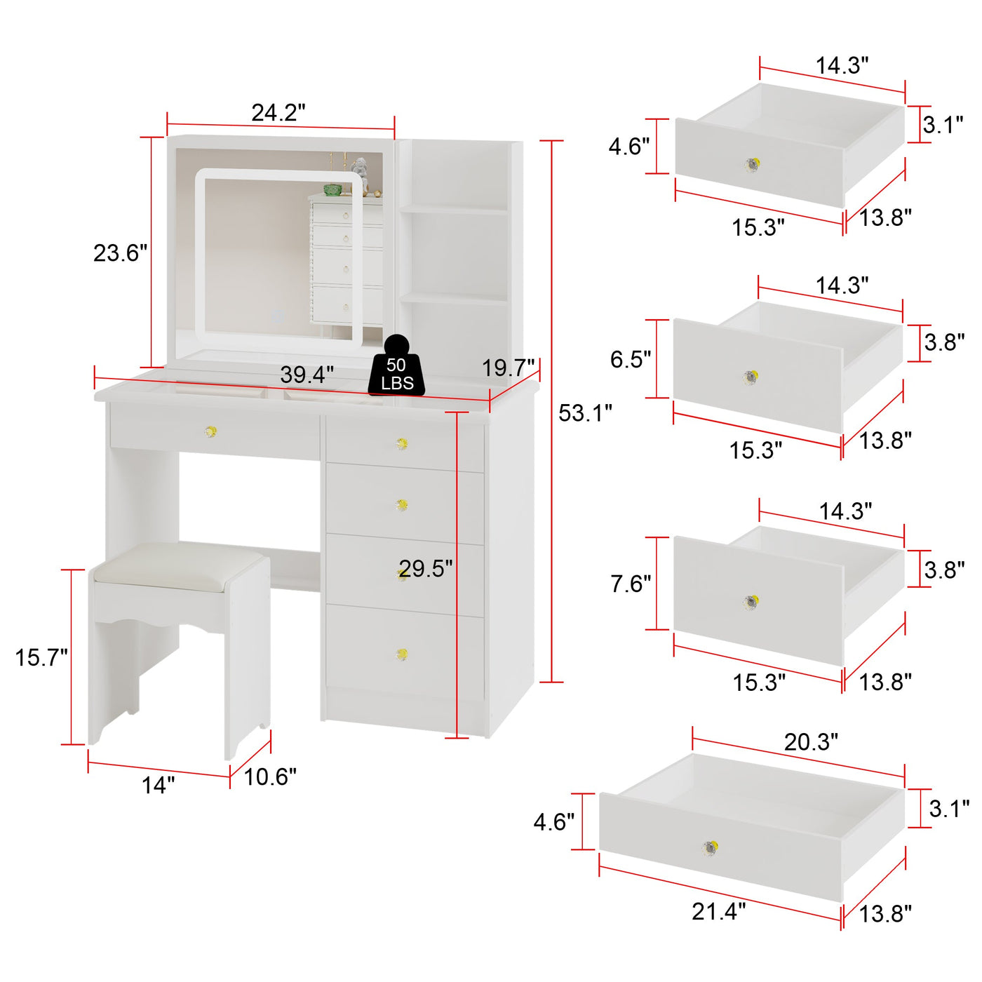 39.4" Modern White Vanity Desk Makeup Table Large Sliding Lighted Mirror Dressing Table With 5 Drawers Hidden Shelves