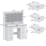 43.3 inches Modern Minimalist White Vanity Table with 7 Drawers Lights And Mirror