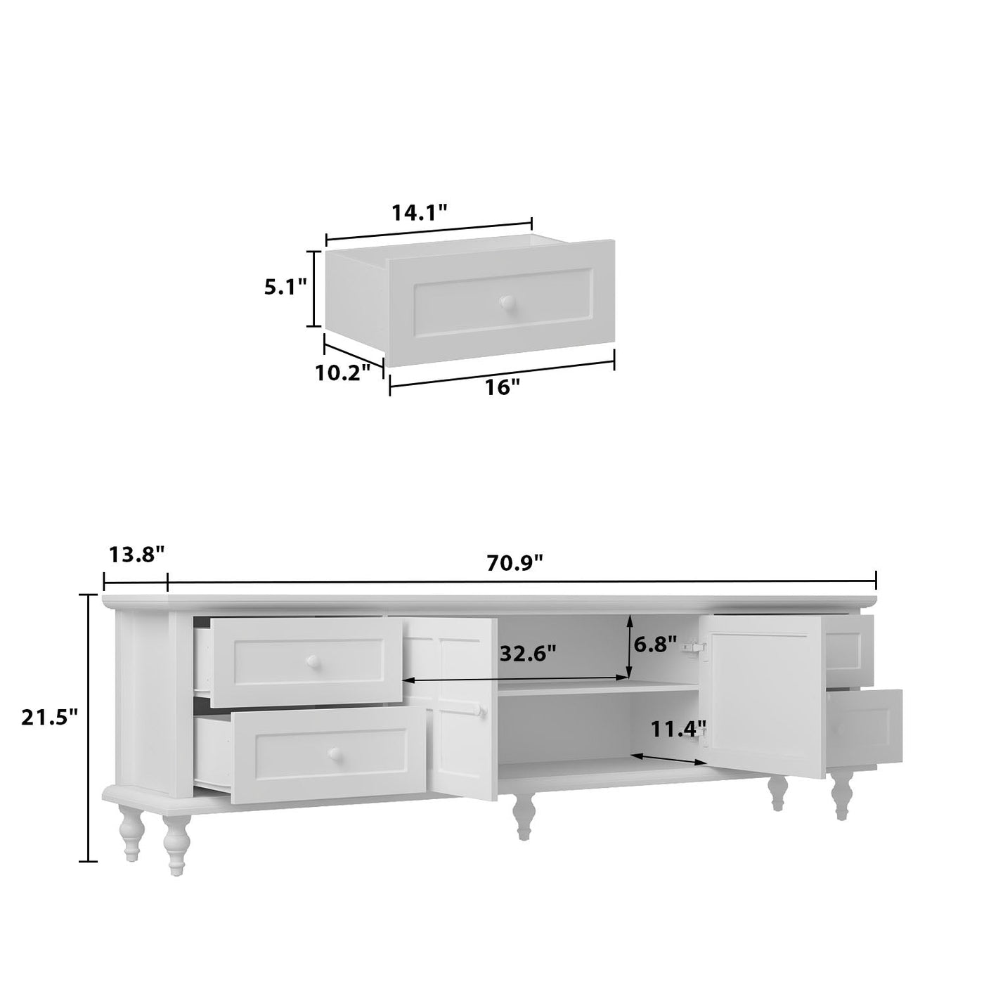 70.9" Modern Minimalist White TV Stand with Cabinets And Drawers