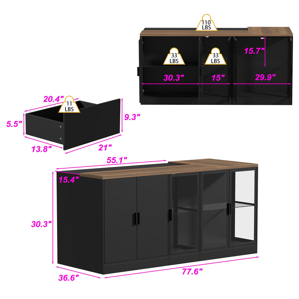 77.6" Modern Elegant Black Kitchen Island with 3 Drawers, Lights and Glass Doors