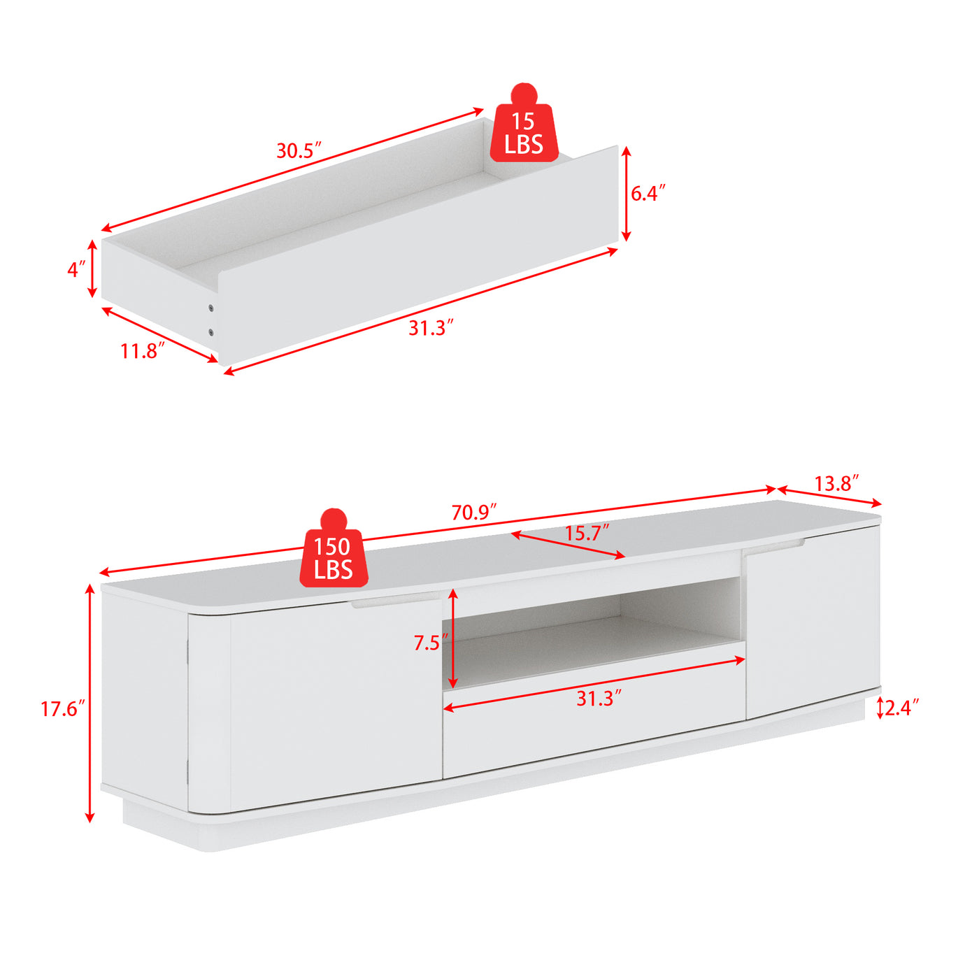 70.9" Modern White TV Stand with Drawer
