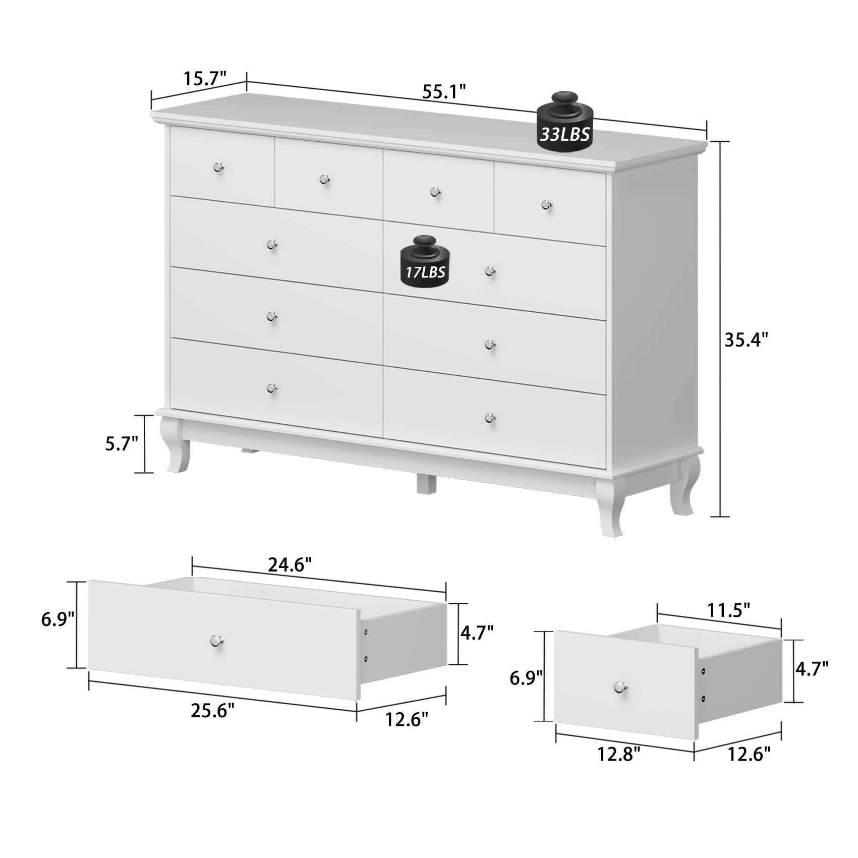 Credenza Storage Cabinet Double Dresser with Drawers & Silver Handle Doors