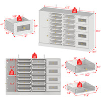 White nail polish storage cabinet with clear drawers, shelves, and side cabinet door