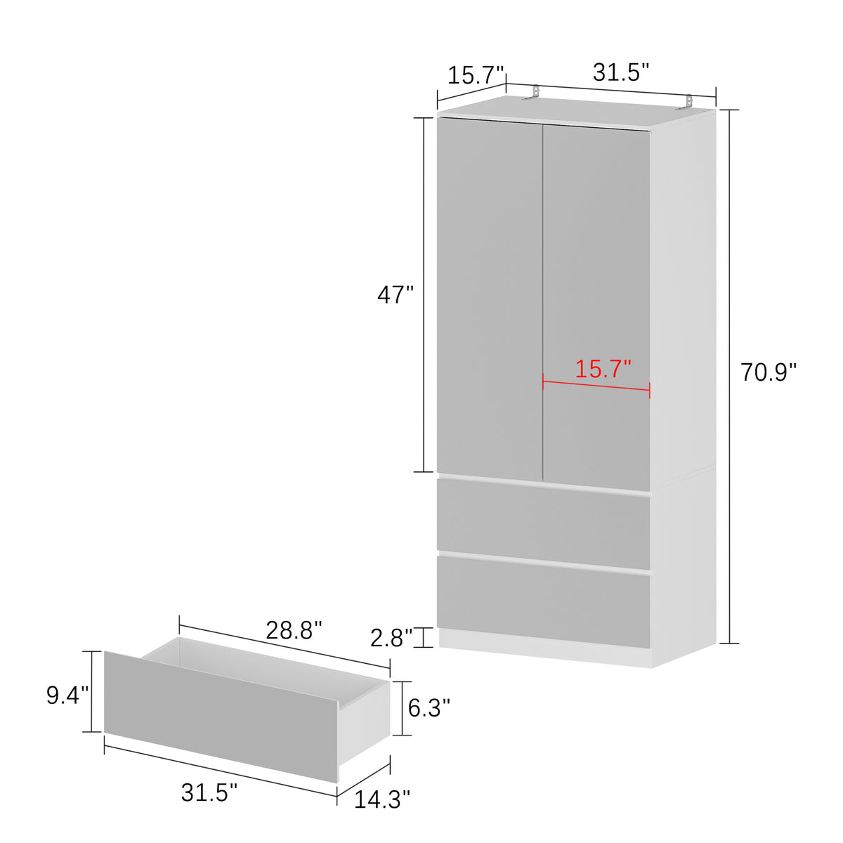31.5 inches Modern White Full-Length Mirrored Wardrobe with Multiple Drawers and Adjustable Shelving