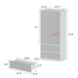 31.5 inches Modern White Full-Length Mirrored Wardrobe with Multiple Drawers and Adjustable Shelving