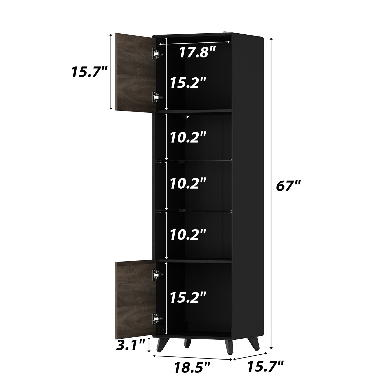 67'' Modern Tall Bookcase With Dual Cabinets, Glass Shelves & 3-Color LED Light Strips