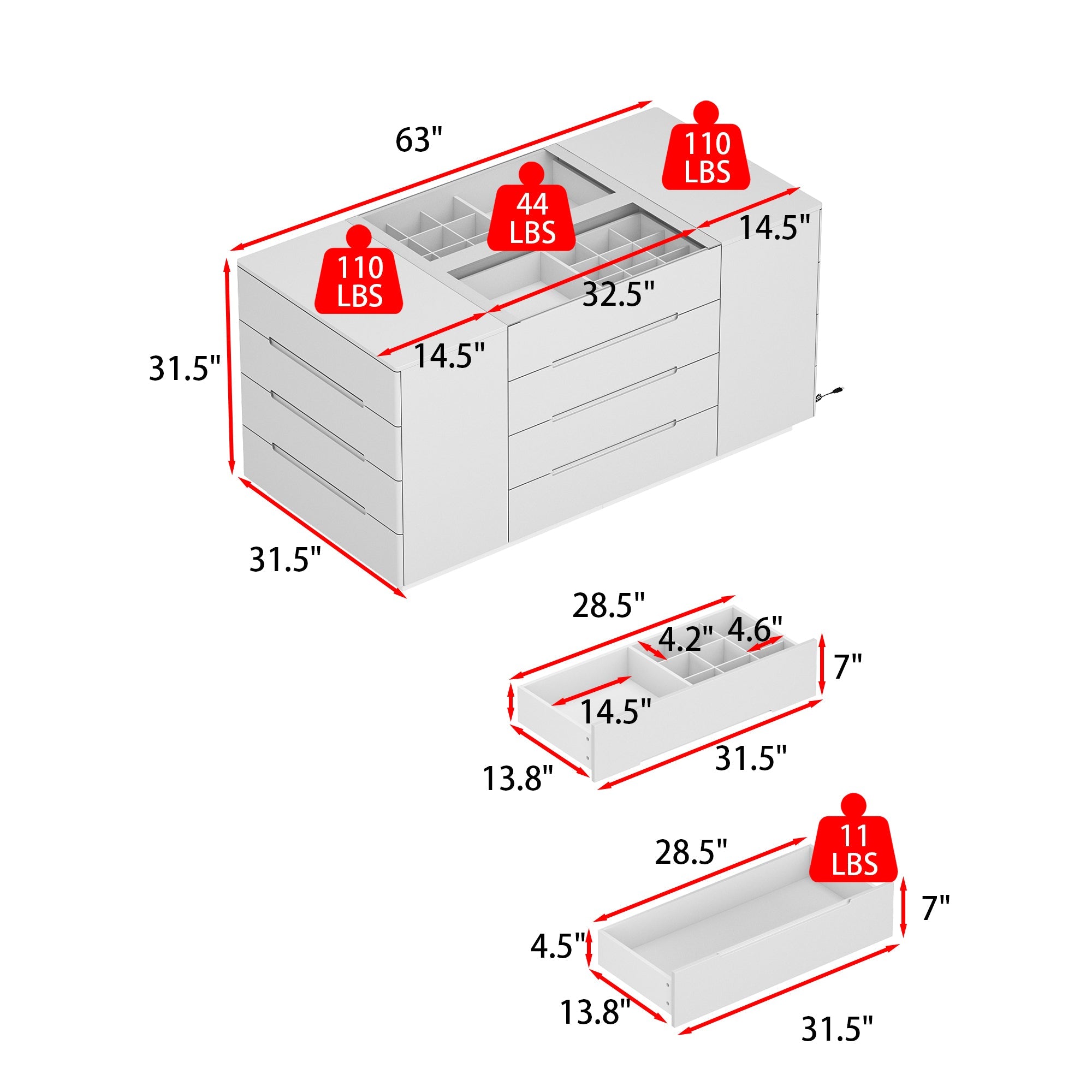 16-Drawer Chest With Graceful Design And Tempered Glass Top