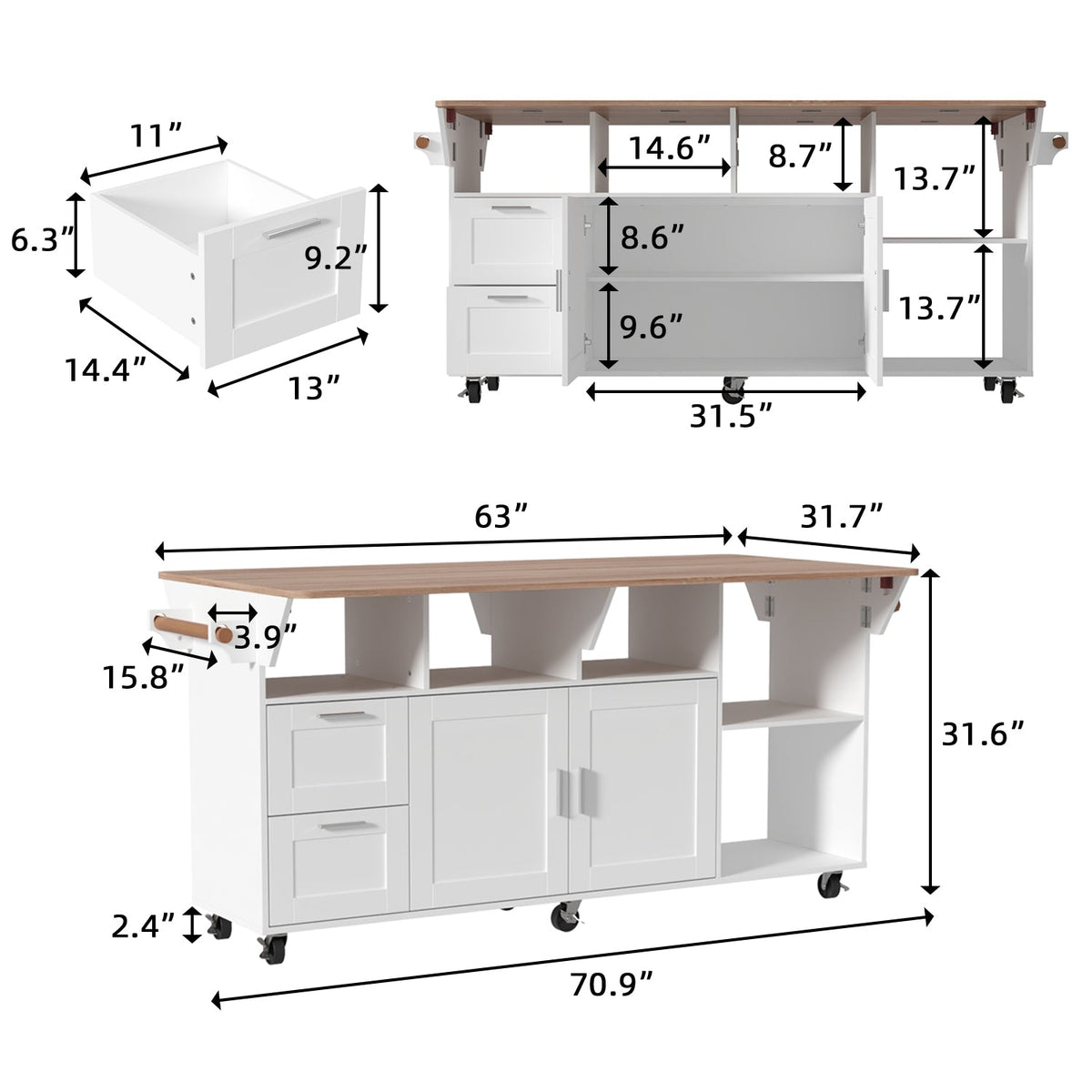 63"W Kitchen Island With Leaf And Wheel