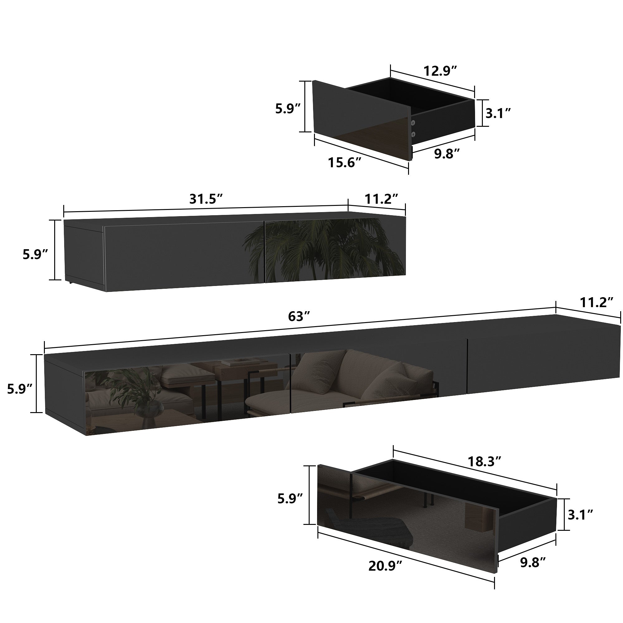 94.5 inches Modern Minimalist Black TV Stand Wall-Mounted And Freely Arranged TV Stand With LED