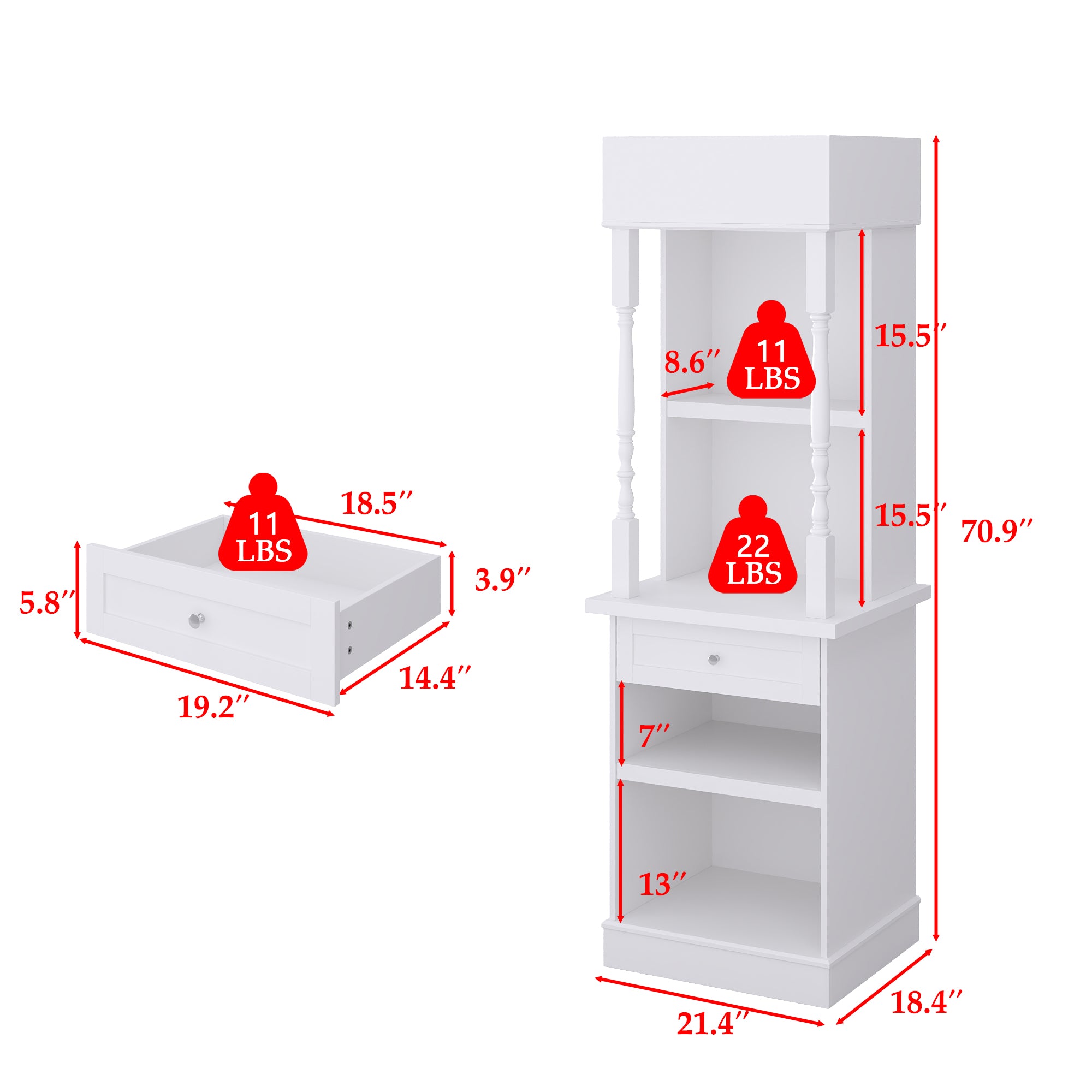 Modern White Tall Cabinet With 4 Open Shelves & 1 Drawer