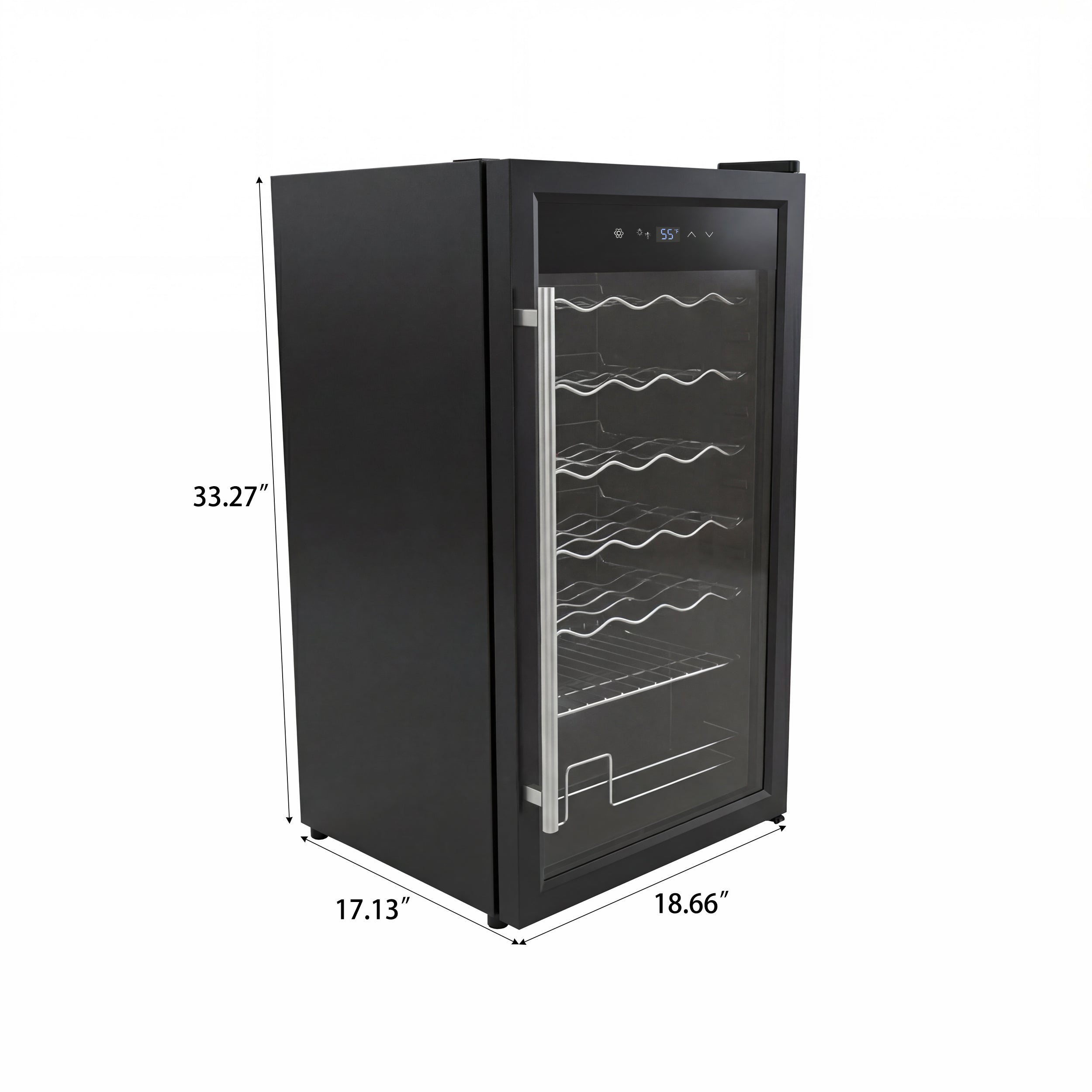 Black wine fridge with glass door and digital temperature display