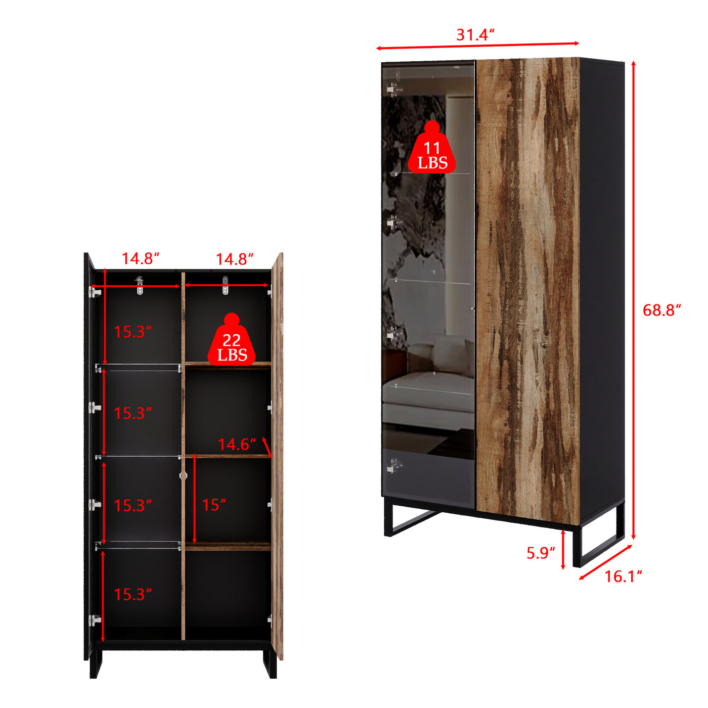 31.4" Modern Black Display Cabinet with 8-Color LED Lighting and Push-to-Open Doors