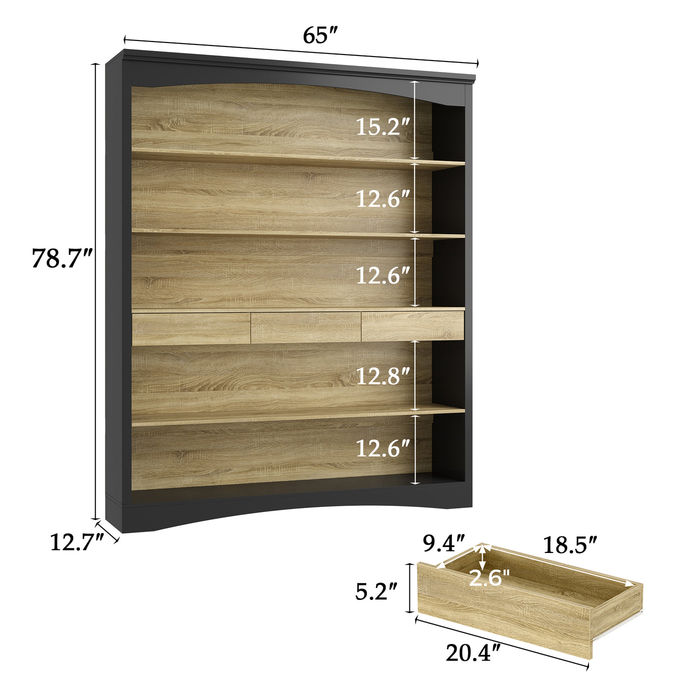 Wooden bookshelf with dimensions labeled on a white background