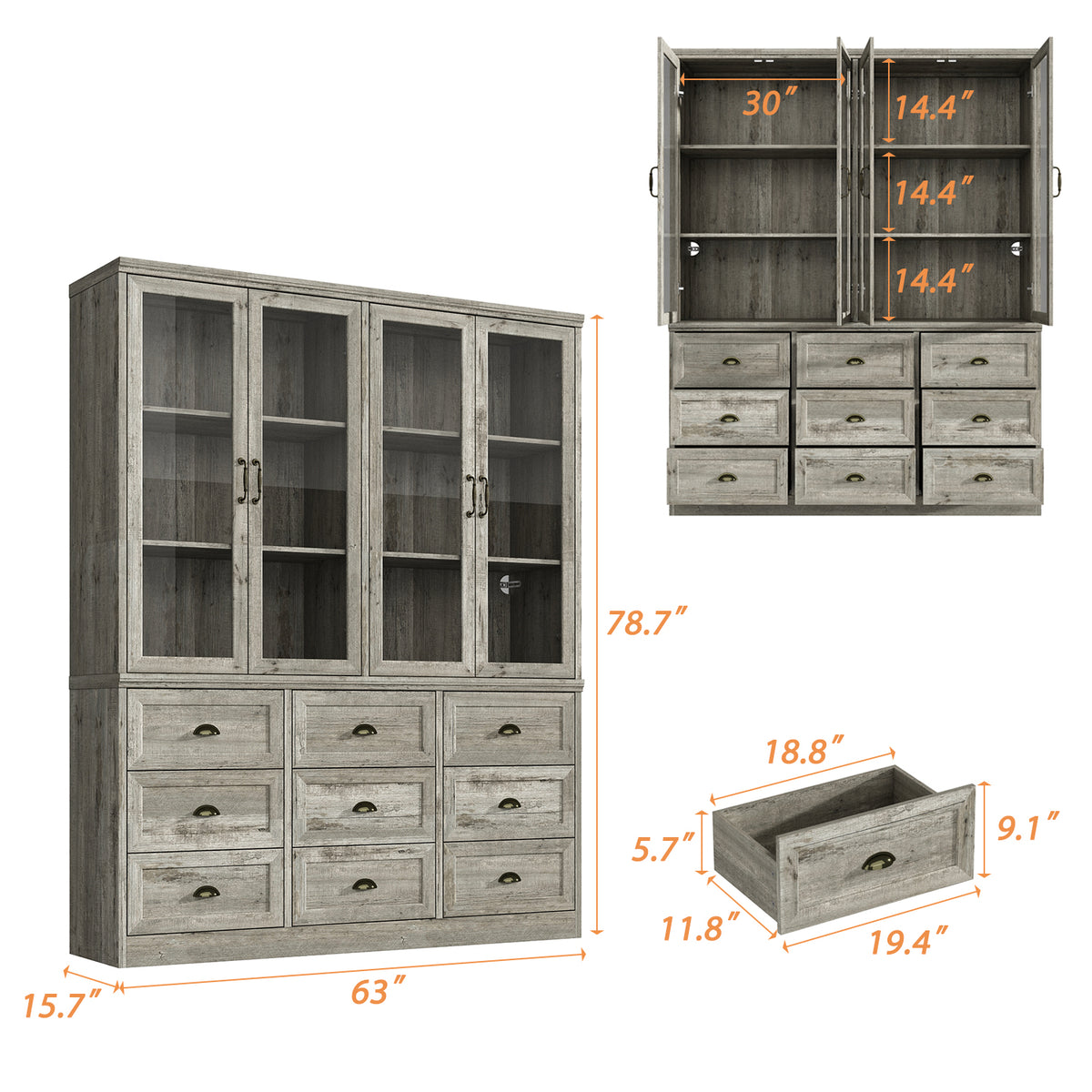 63" Vintage Oak Bookcase with 9 Drawers and 4 Glass Doors