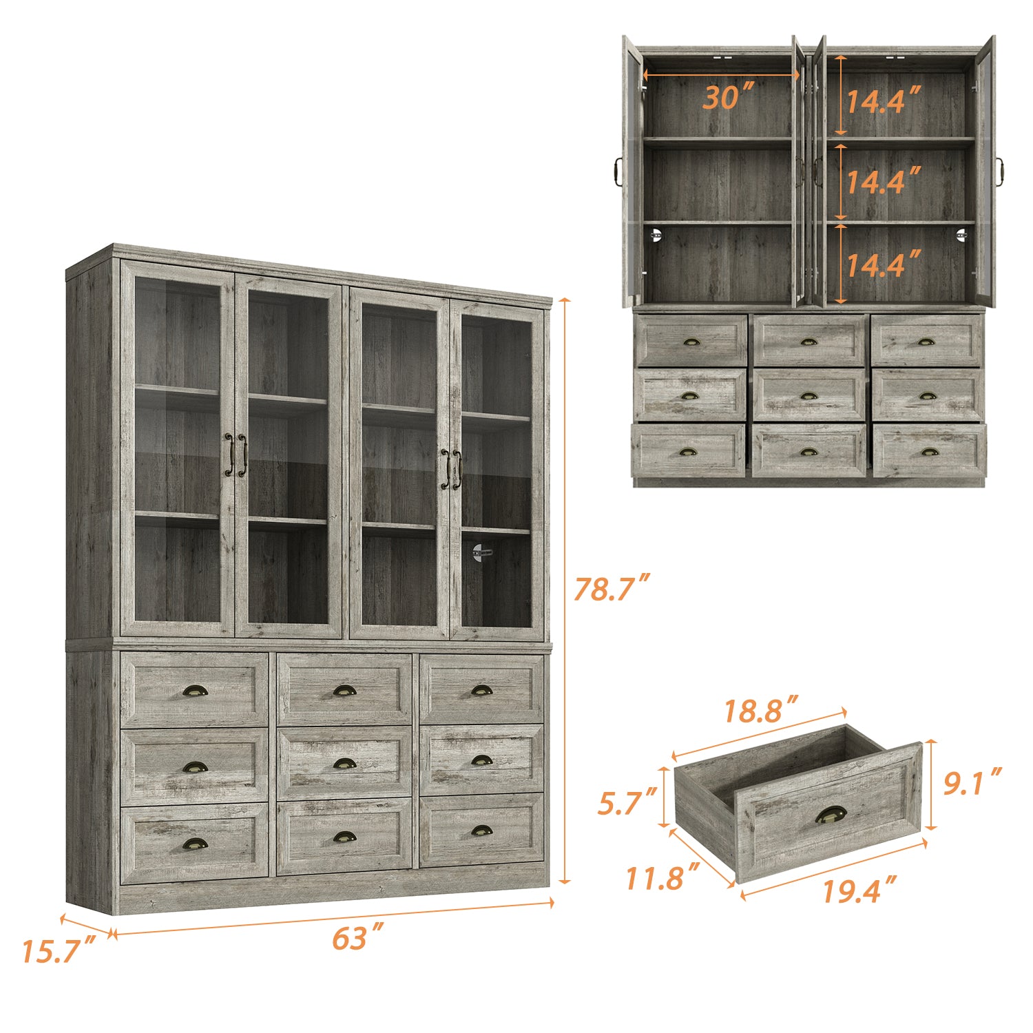 78.7'' H X 63'' W 9-Drawer Bookcase With Glass Doors