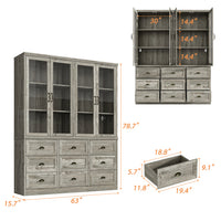 63" Vintage Oak Bookcase with 9 Drawers and 4 Glass Doors