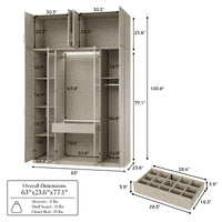 Beige wardrobe cabinet with glass doors, hanging rods, and top cabinets