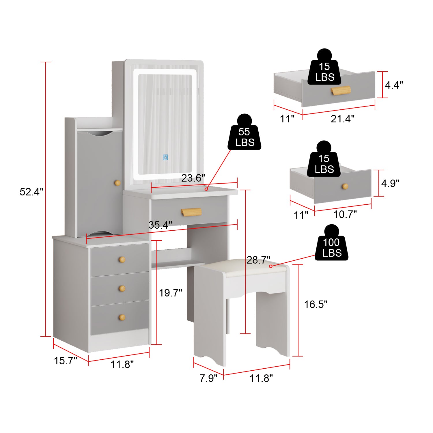 Vanity Set With Sliding Mirror, 4 Drawers, Shelves & Cushioned Stool