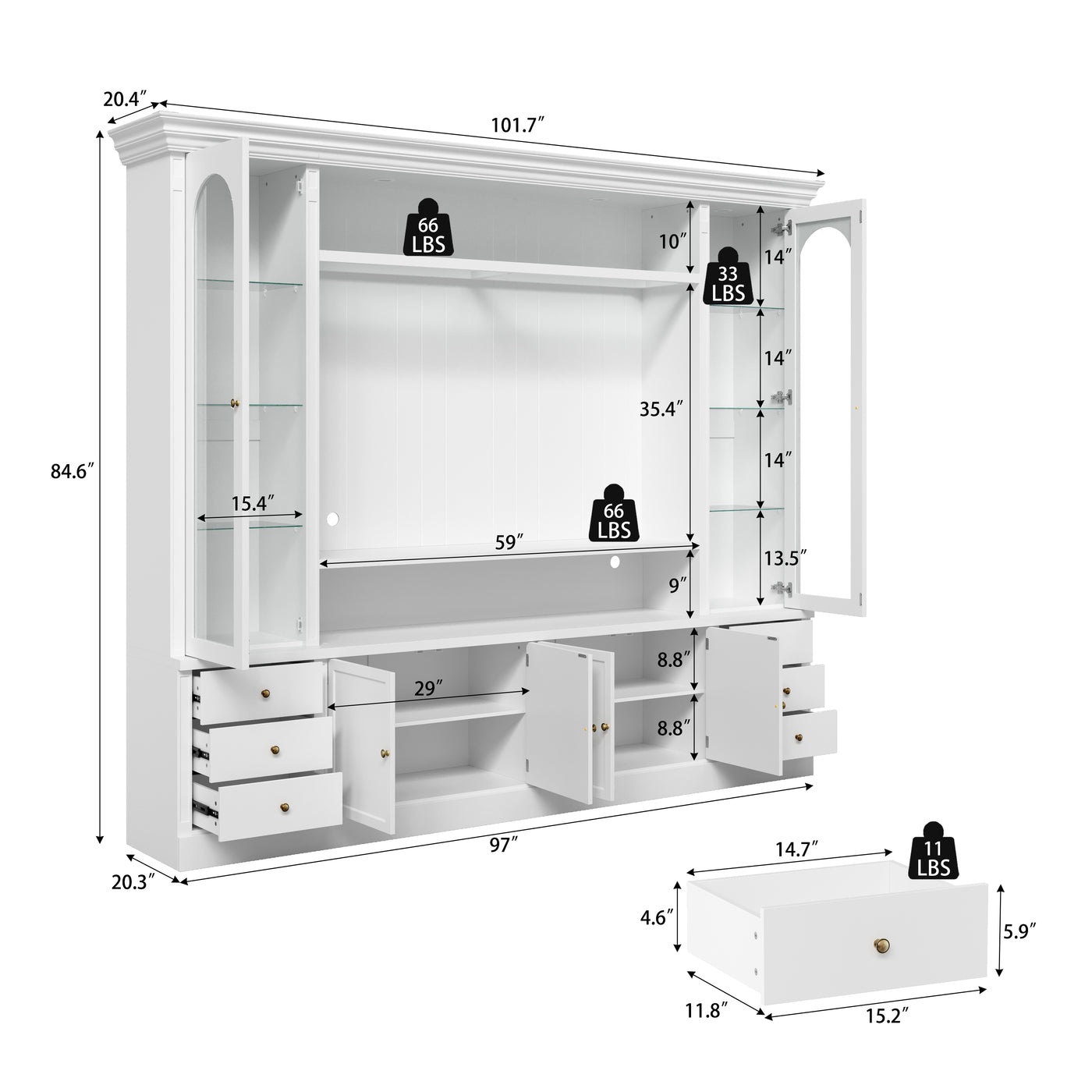 White entertainment center with open TV space, glass side cabinets, lower storage cabinets, and drawers