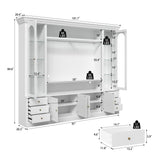 White entertainment center with open TV space, glass side cabinets, lower storage cabinets, and drawers