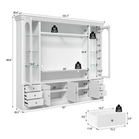 White entertainment center with open TV space, glass side cabinets, lower storage cabinets, and drawers