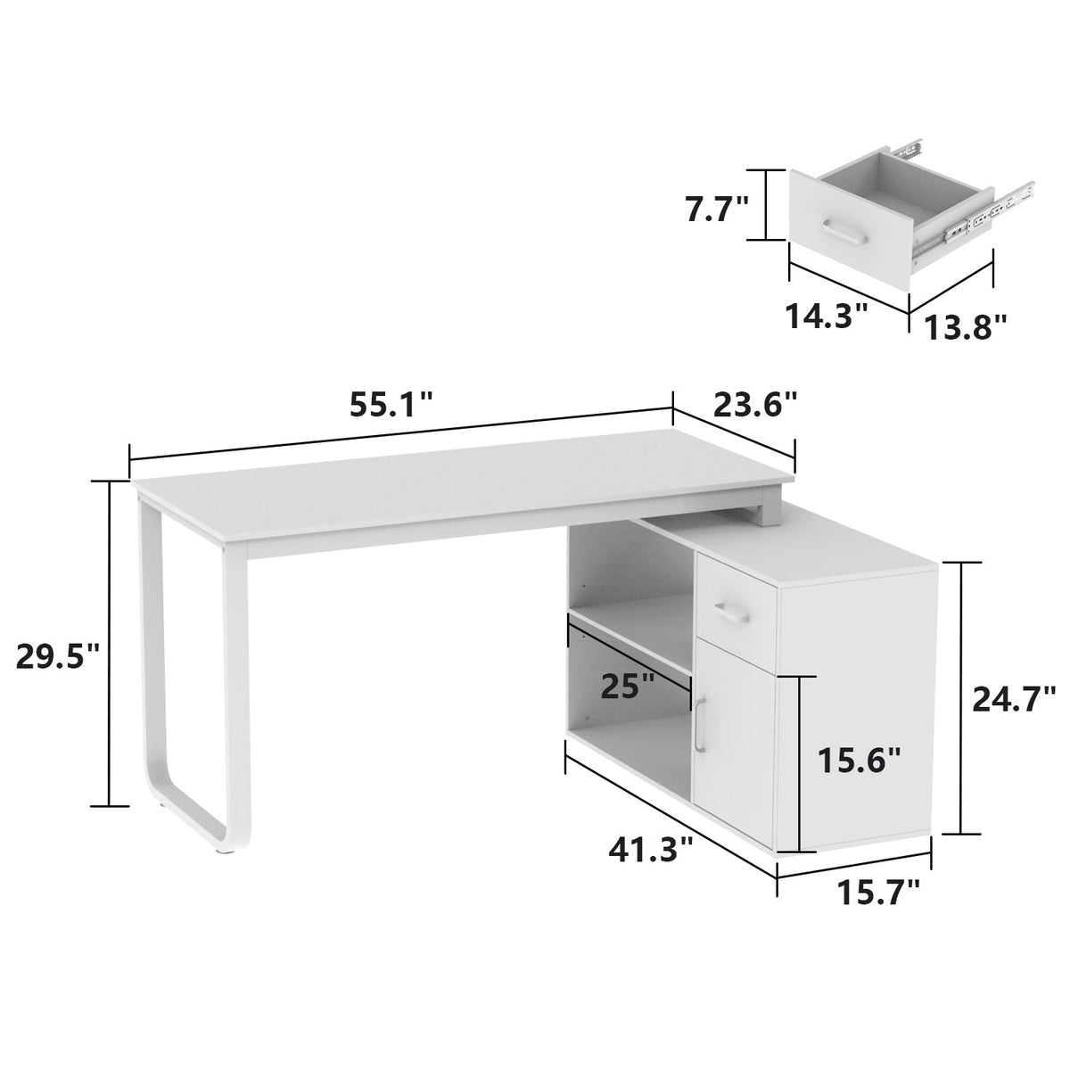 White office desk with dimensions labeled on a white background
