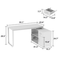 White office desk with dimensions labeled on a white background