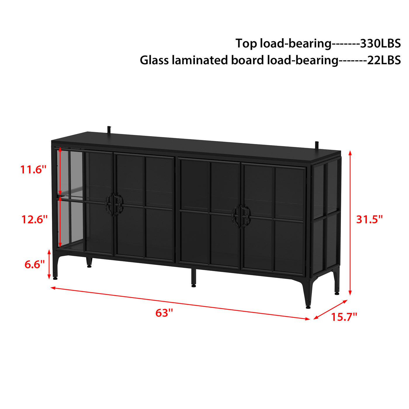 Black cabinet with dimensions labeled on a white background