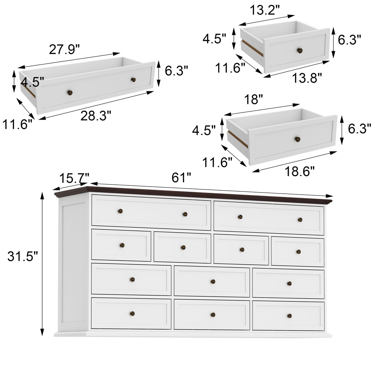 61" Transitional White Rectangular Dresser With 12 Drawers