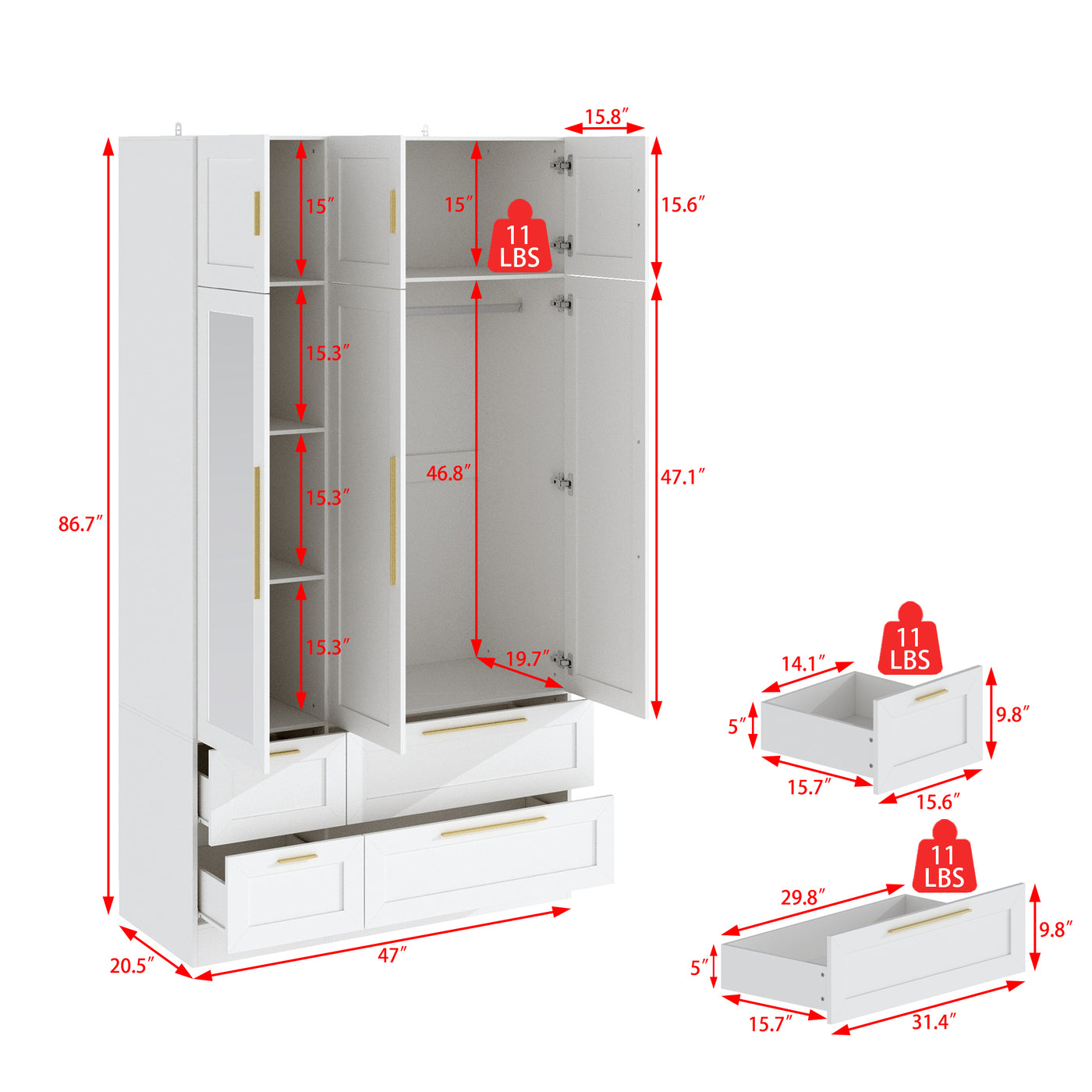 White armoire with mirror door, top cabinets, and lower drawers