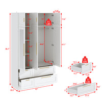 White armoire with mirror door, top cabinets, and lower drawers