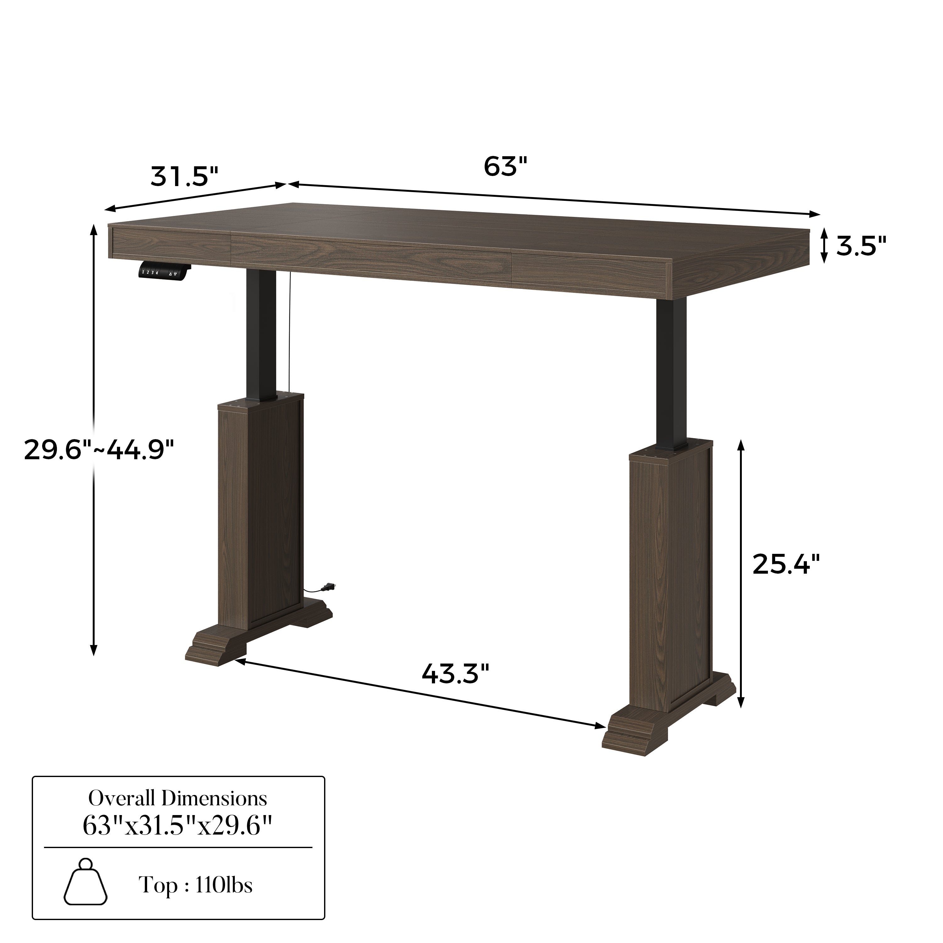 Dark wood standing desk with electric height adjustment and control panel