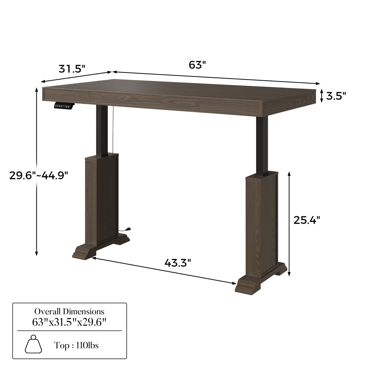 Dark wood standing desk with electric height adjustment and control panel