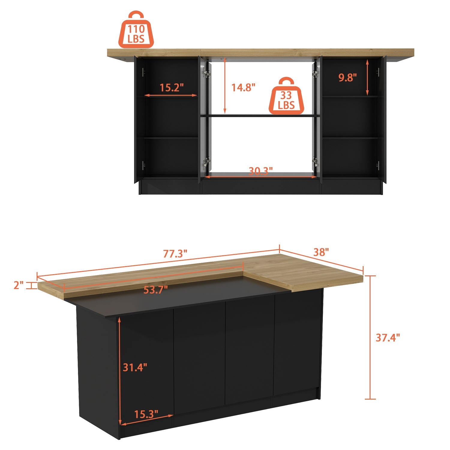 Kitchen Island with Solid + Manufactured Wood Top