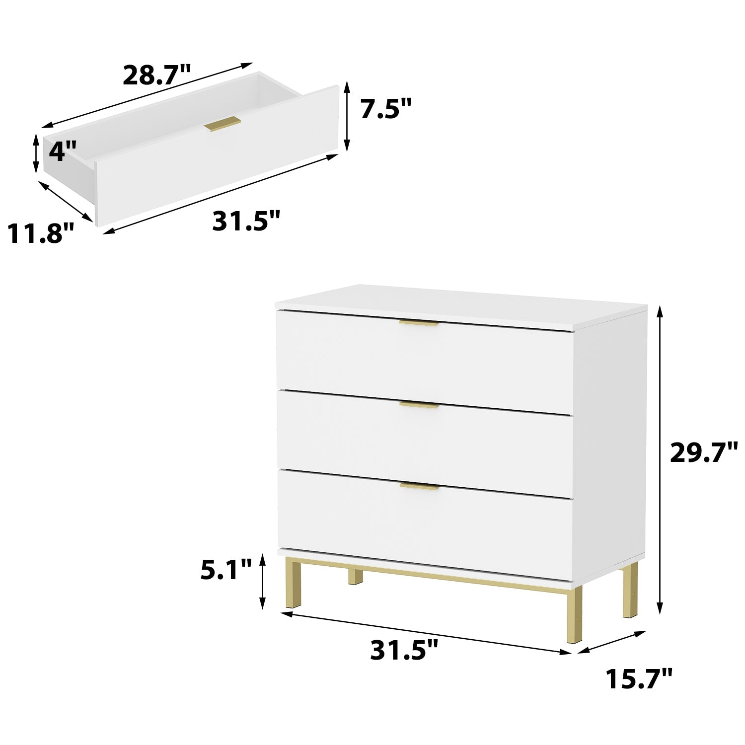 Vertical Chest 3-Drawer Nightstand Dresser Storage Sideboard with Metal Legs for Bedroom