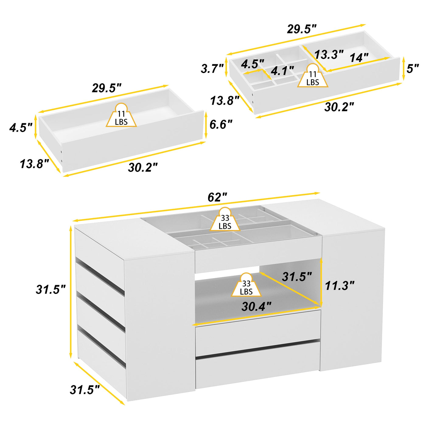 62" Modern White 14-Drawer Chest with Tempered Glass Top