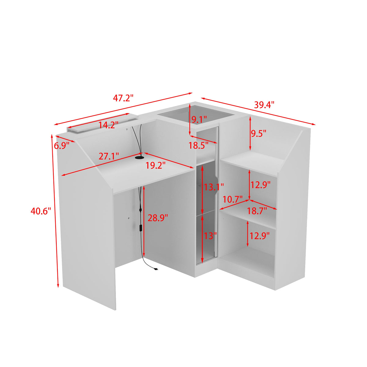 47" Modern Minimalist White LED Reception Desk With Open Shelving And Storage Compartments