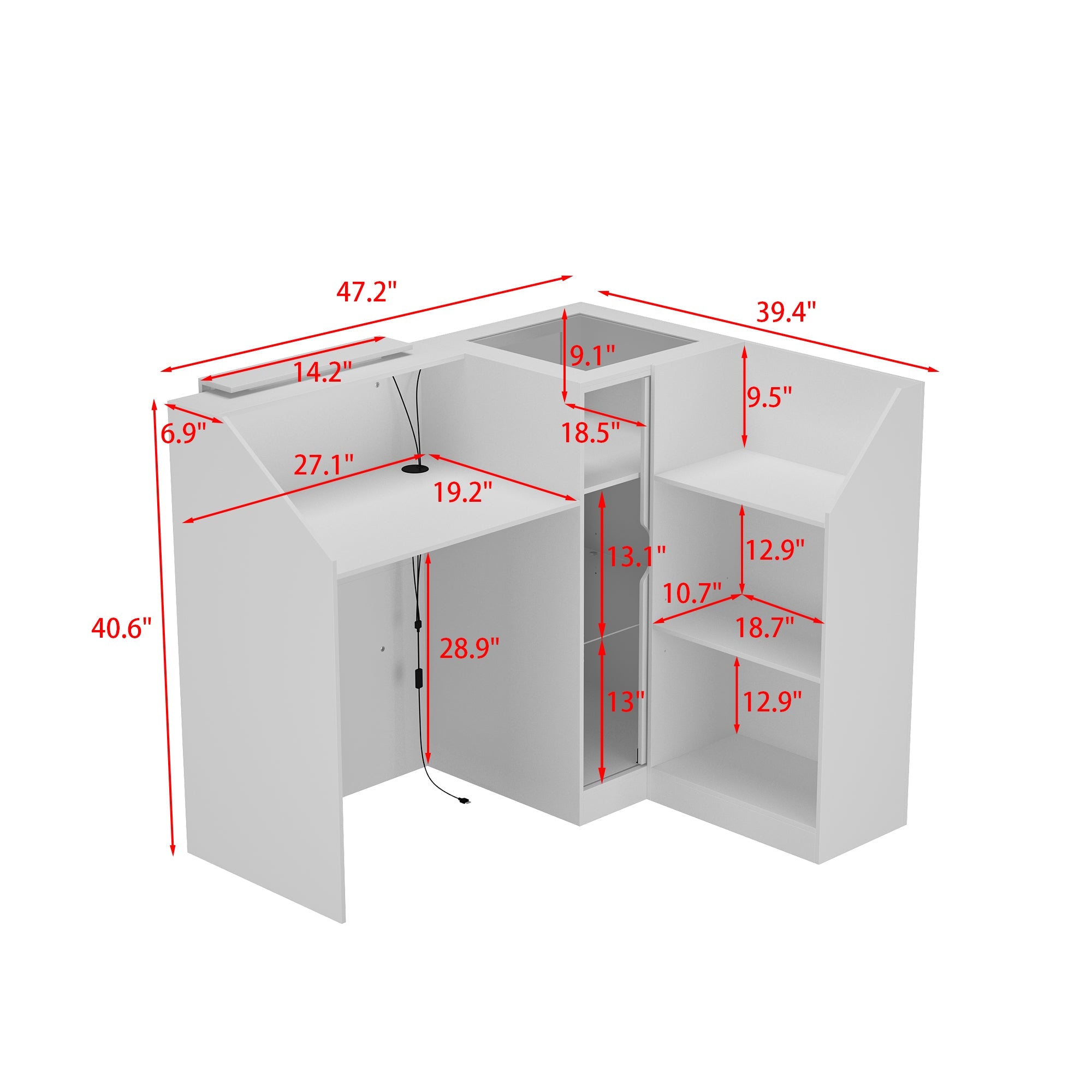 47 inches Modern Minimalist White LED Reception Desk With Open Shelving And Storage Compartments