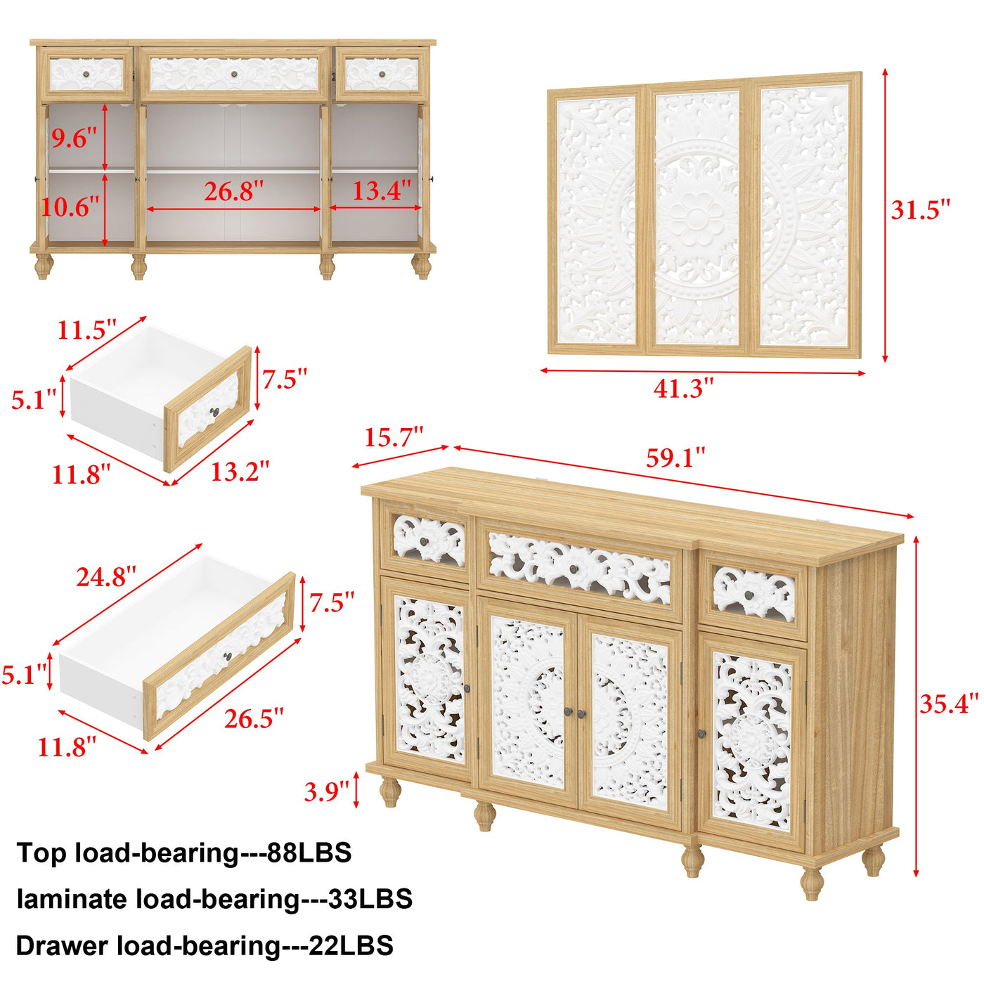 59.1" Bohemian Natural Sideboard Cabinet Buffet Storage Cabinet With Wall Hanging Decorations