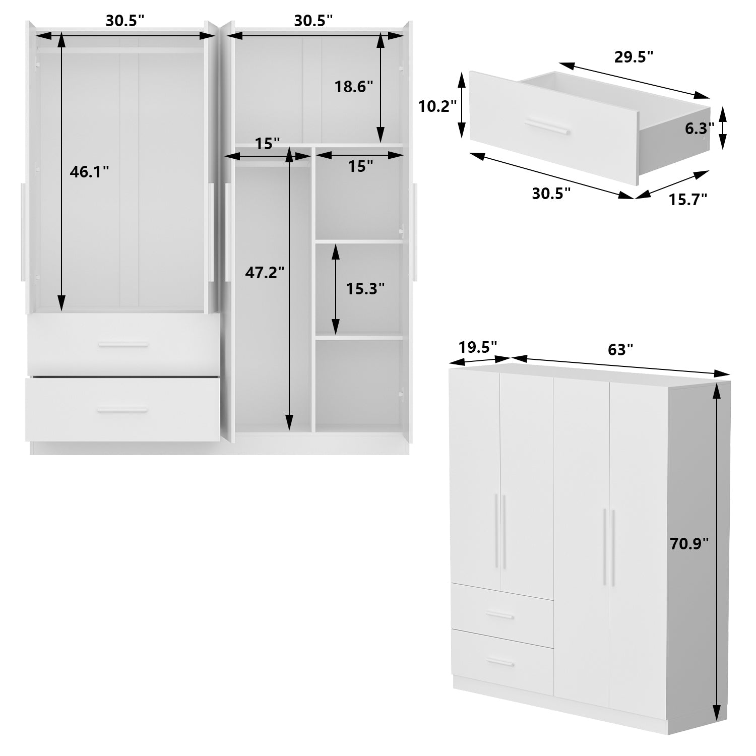 Armoire Solid Wood Clothes Organizer Storage Cabinet 4-Door Wardrobe Family Closet