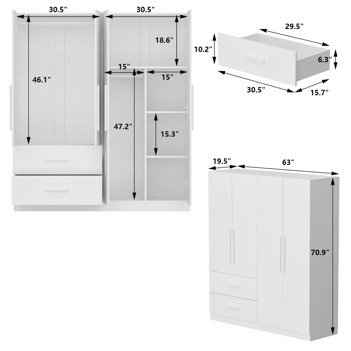 Armoire Solid Wood Clothes Organizer Storage Cabinet 4-Door Wardrobe Family Closet