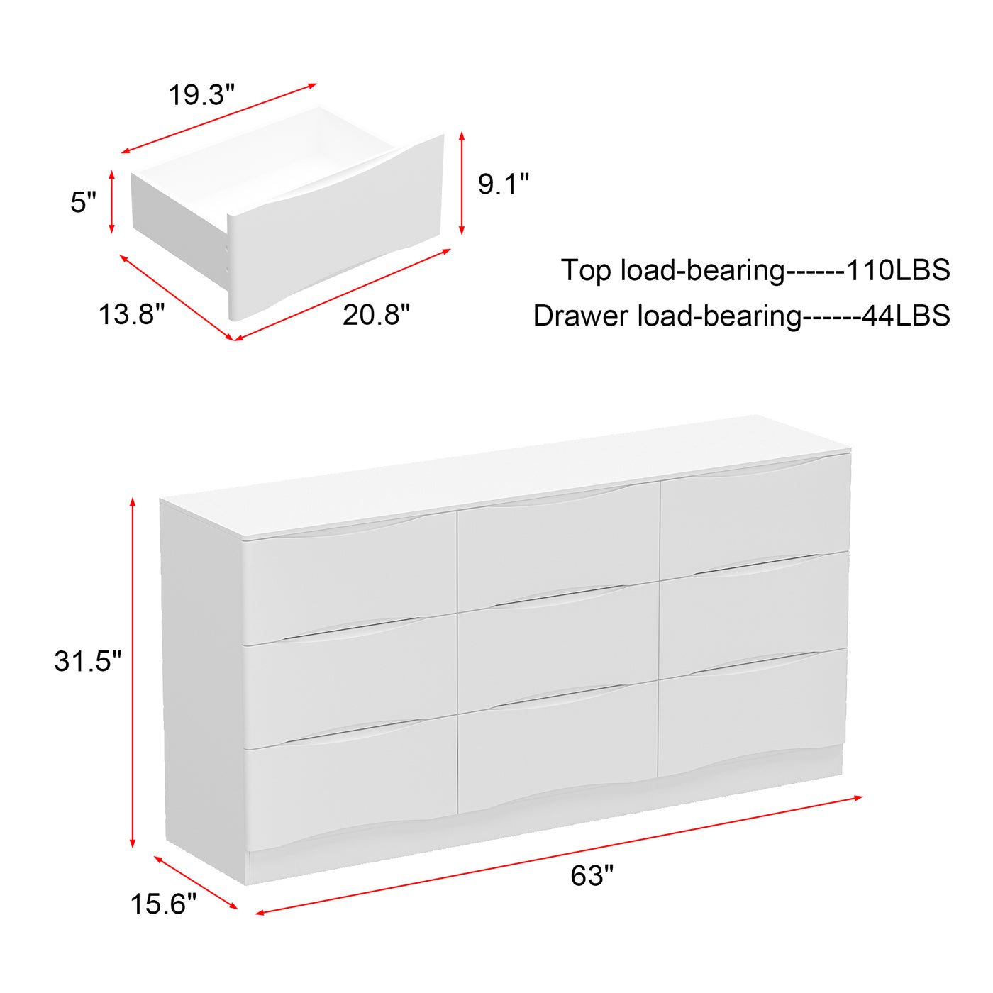 63" Elegant White 9-Drawer Dresser with Recessed Pulls